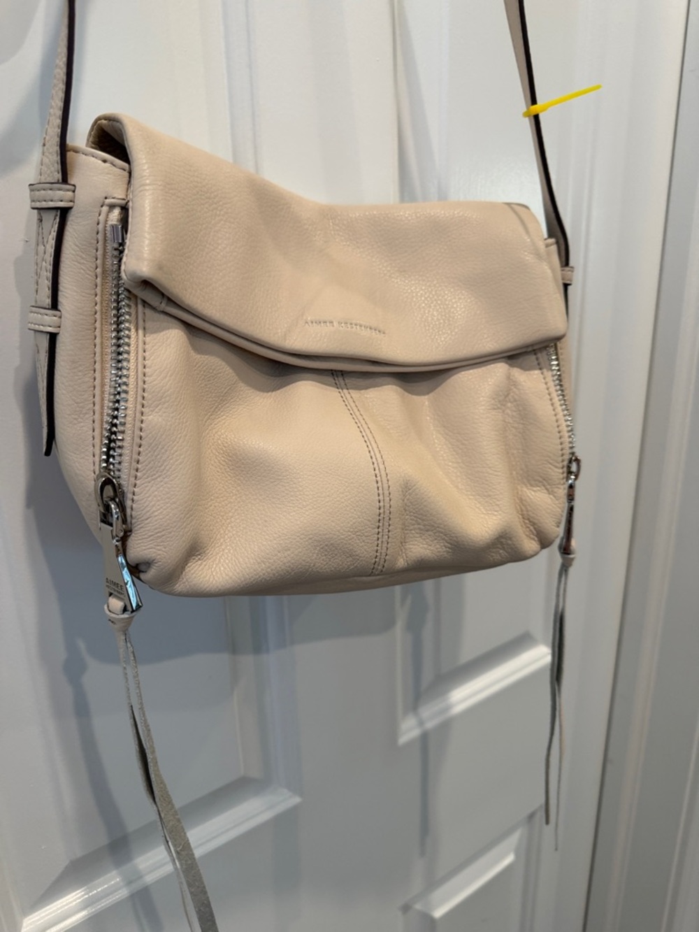 Aimee Kestenberg Pebbled Leather Foldover Crossbody Messenger Bag Cream beige